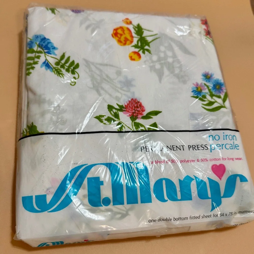 Vintage St. Mary's Aline Flowers Fitted Sheet NOS Double Full Floral Cottagecore
